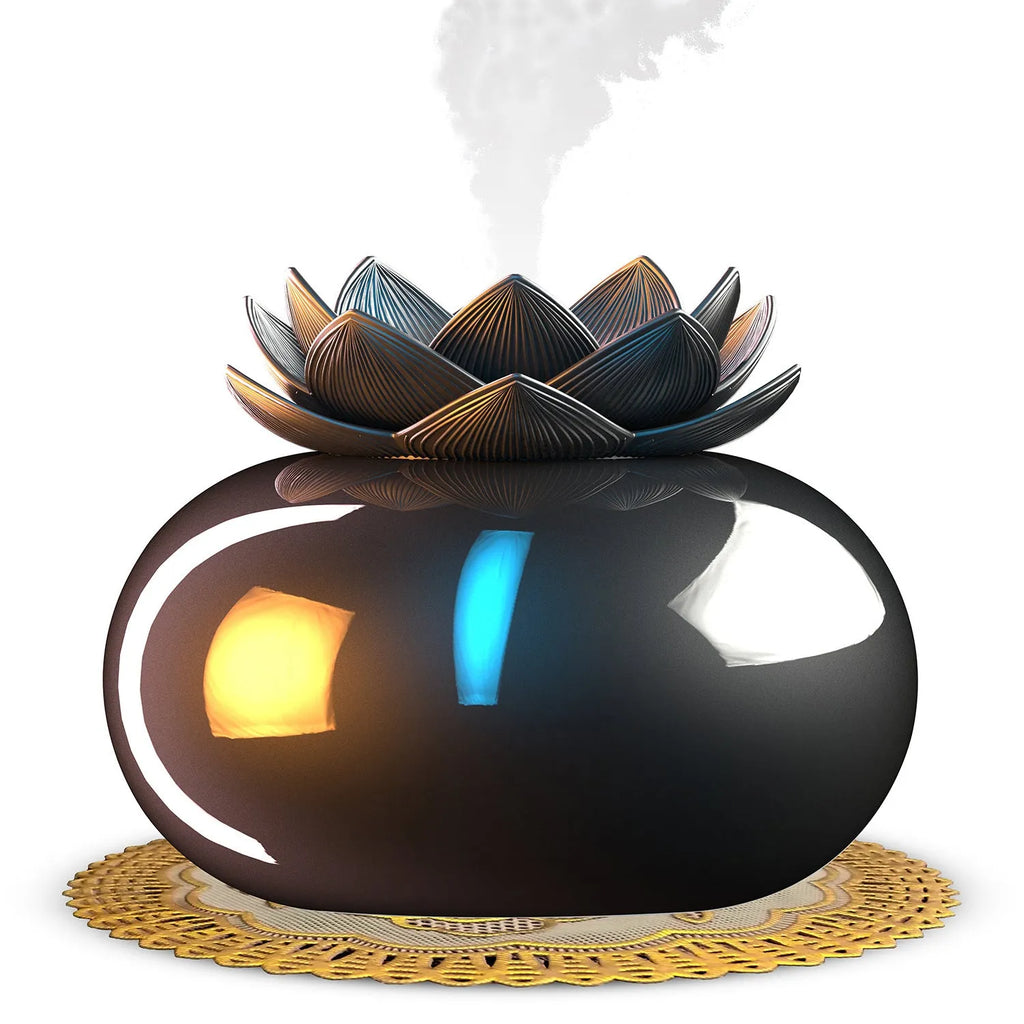 Pure black USB lotus aromatherapy humidifier with ceramic construction and round design