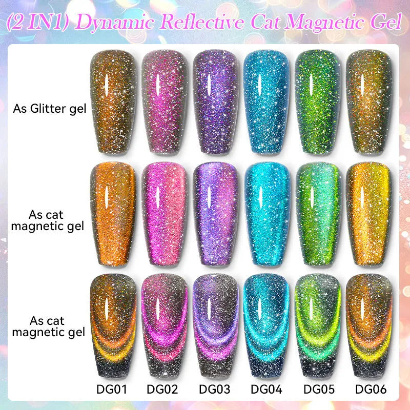Cat eye nail polish gel bottles in six colours with diamond glitter fragments showing flickering finish