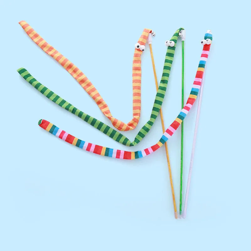 Cat teaser wand with colourful plush strip and bell on a polycarbonate pole.