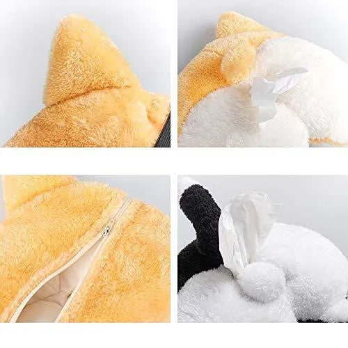 Yellow corgi butt-shaped tissue box cover with elastic back for car sun visor mounting