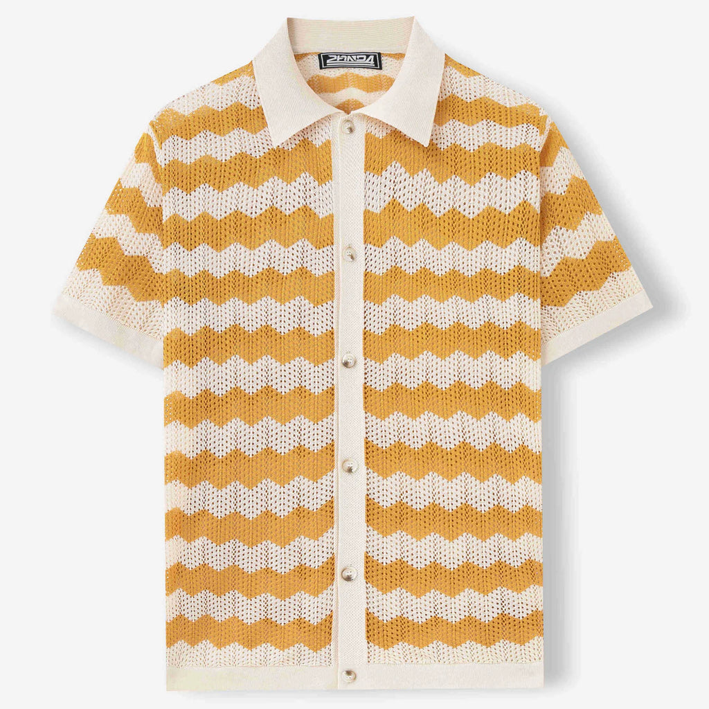 Short sleeve hollow jacquard corrugated sweater in Tencel viscose fabric showing textured surface and flocked detailing