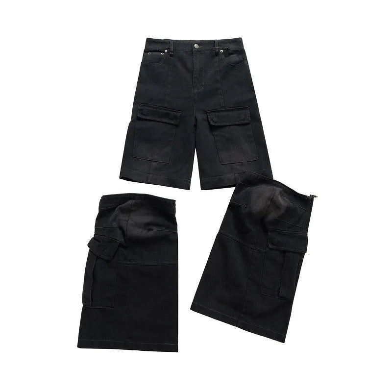 Washed-out cotton detachable overalls with multiple pockets in blue colour