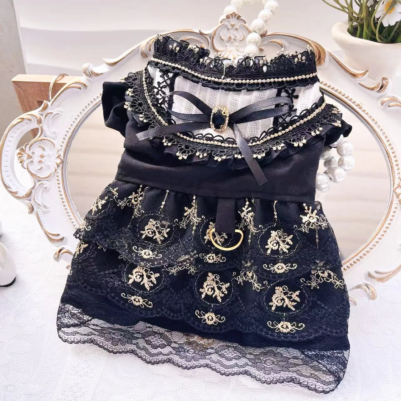 Golden gothic-style princess skirt costume for a small dog or cat.