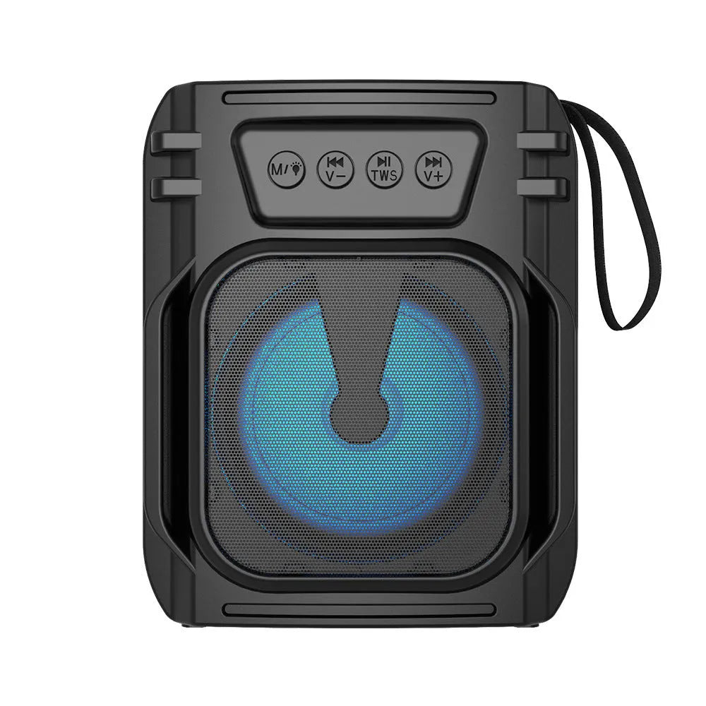Portable Bluetooth speaker with compact 110mm design and USB charging cable