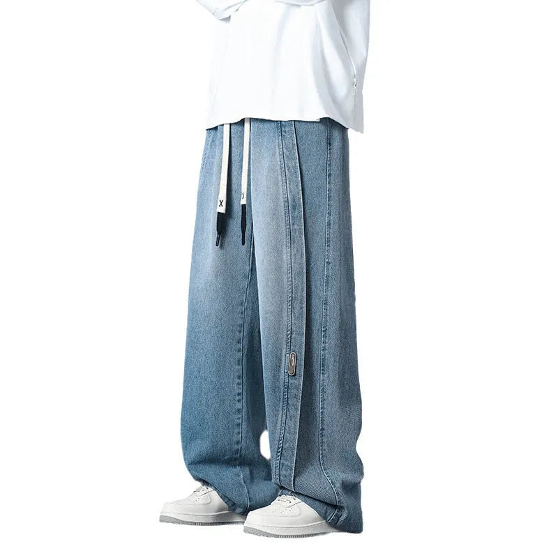 Retro patchwork washed oversized jeans for men in black, blue, and gray blue
