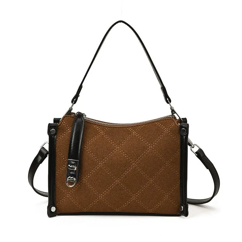 Women's diamond plaid PU shoulder messenger bag in black with double straps and lock detail