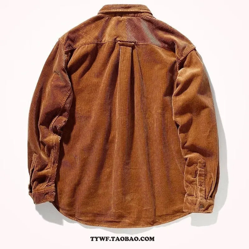 Men's loose fit corduroy cardigan shirt in caramel colour showing textured fabric and long sleeves