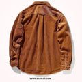Men's loose fit corduroy cardigan shirt in caramel colour showing textured fabric and long sleeves