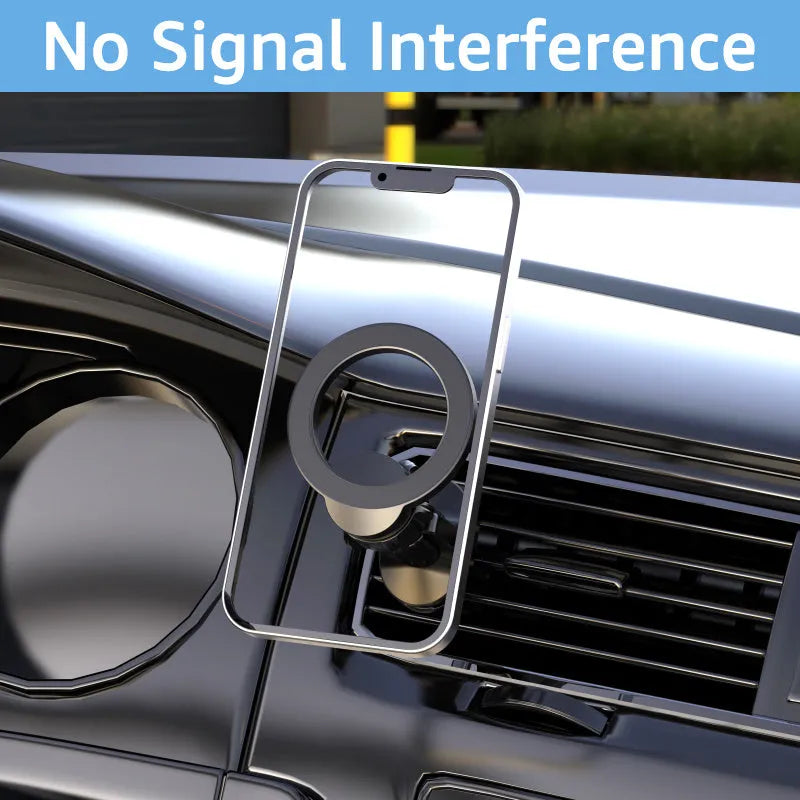 Black magnetic car air vent phone holder with O-ring clip attached to a vehicle vent