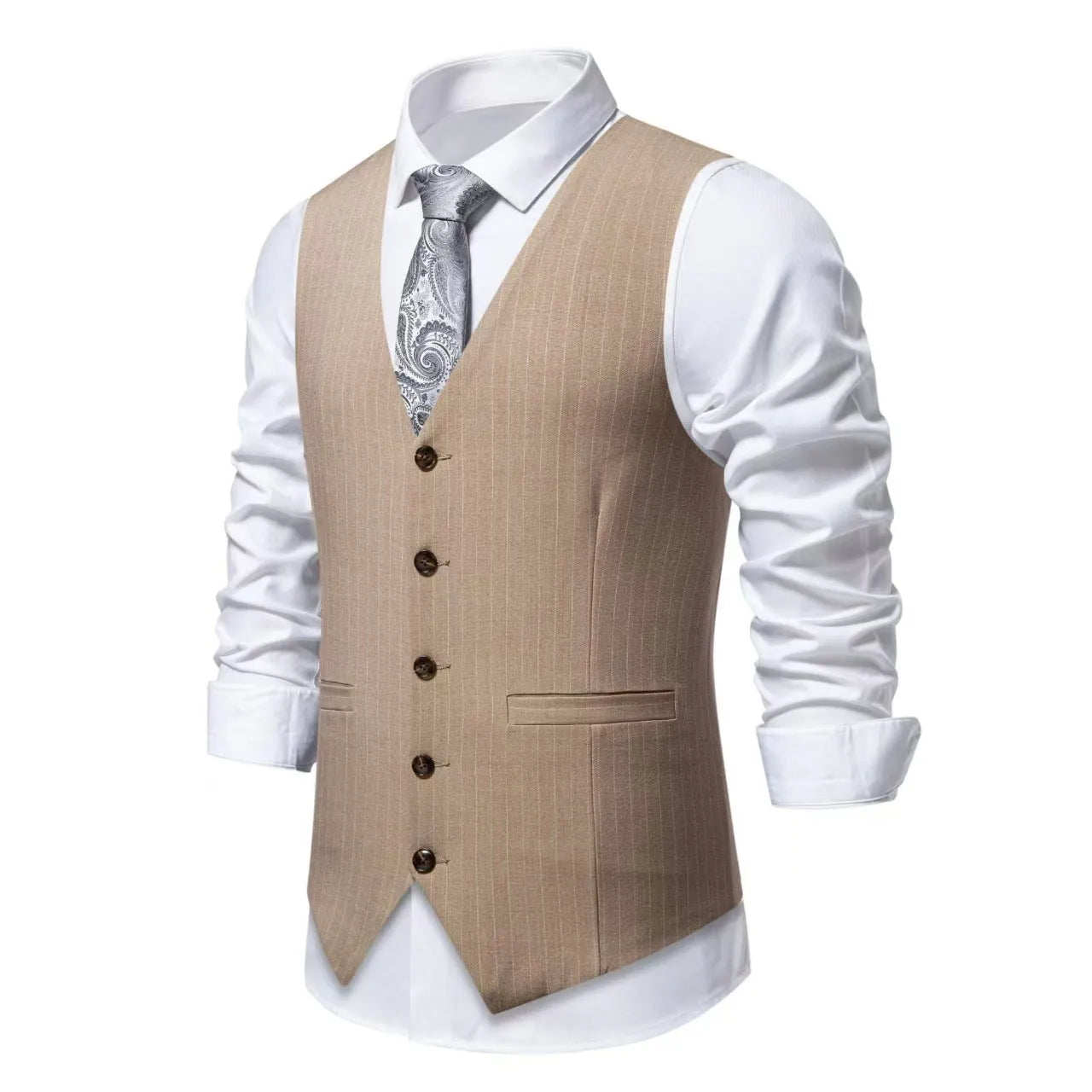 Men's striped suit vest with miter bottom hem in black, red, or khaki colour options.