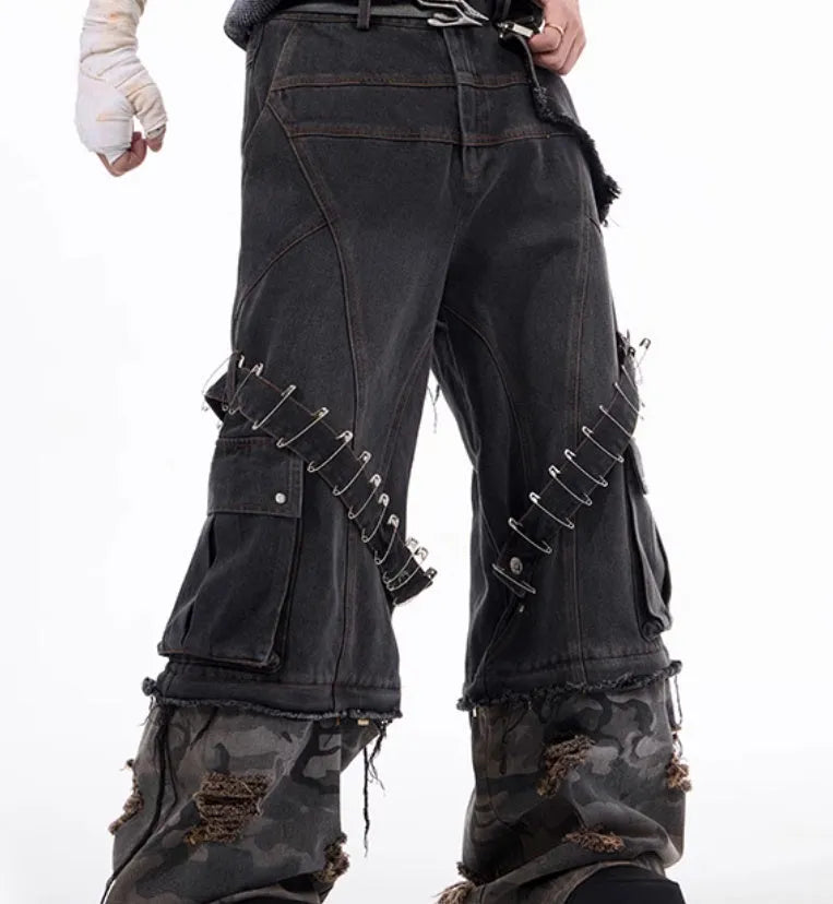 Men's grey cotton jeans with camouflage pattern splicing and pin ribbon details on legs
