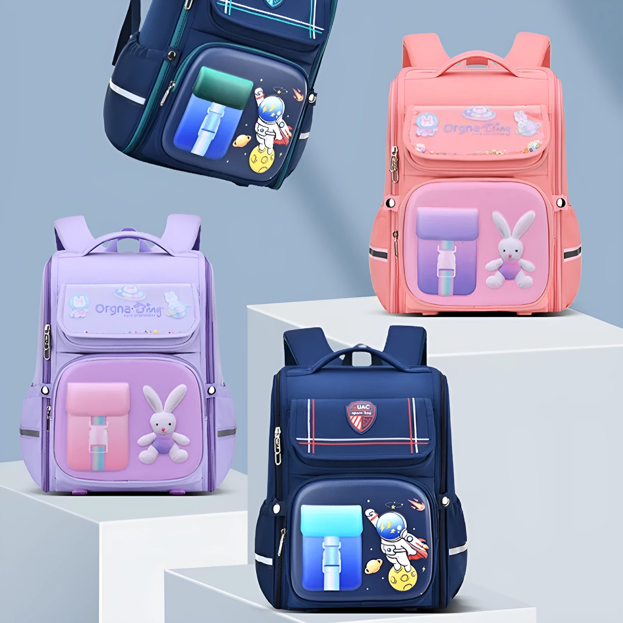 Children's large cartoon backpack in animal print with airpillow straps, shown in rabbit pink colour.
