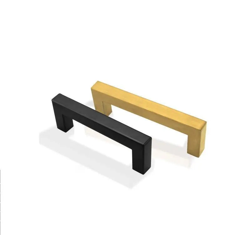 Stainless steel square pipe cabinet door handle in brushed silver finish showing its dimensions.