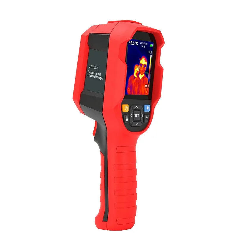 UTi series handheld infrared thermal imager with display screen shown alongside USB cable and storage card.