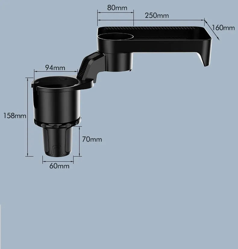 Black ABS plastic car-mounted 360-degree rotating dinner tray holder showing rotation mechanism