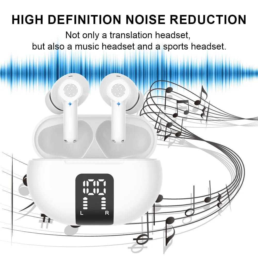 M10 TWS wireless Bluetooth translation earbuds in black and white, touch controls, 6.2x2.4cm ABS build
