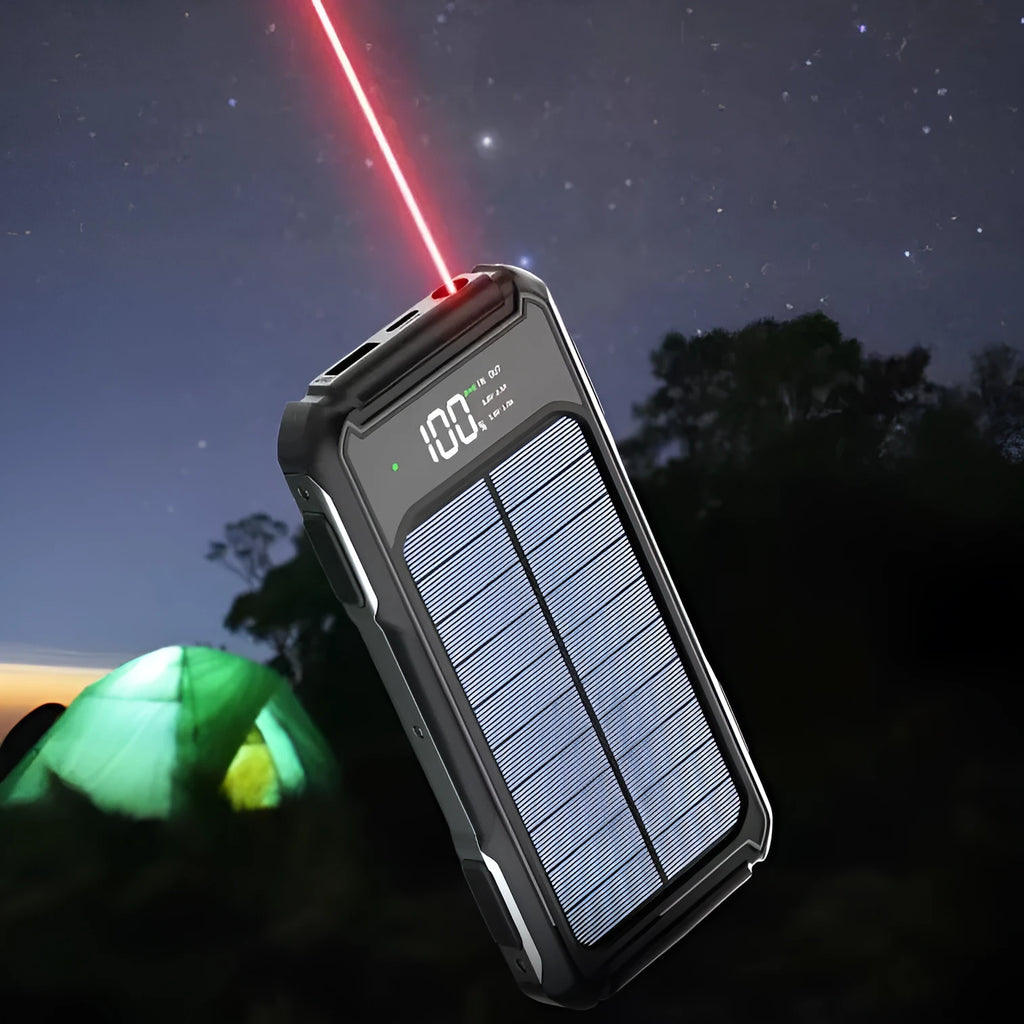 Black, green, and orange military-grade portable power bank showing USB ports, 10000mAh and 20000mAh capacity options