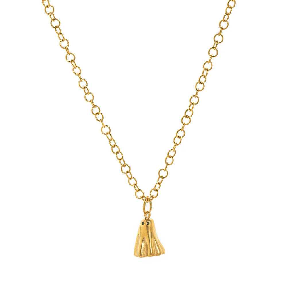 A ghost pendant necklace on a twisted stainless steel chain, showing the titanium steel electroplated pendant.