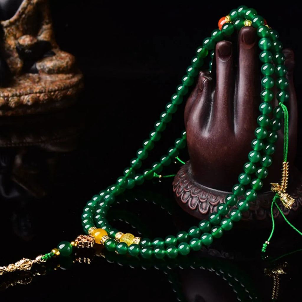 Natural green agate multi-circle bracelet on wrist, showing 8mm bead size.