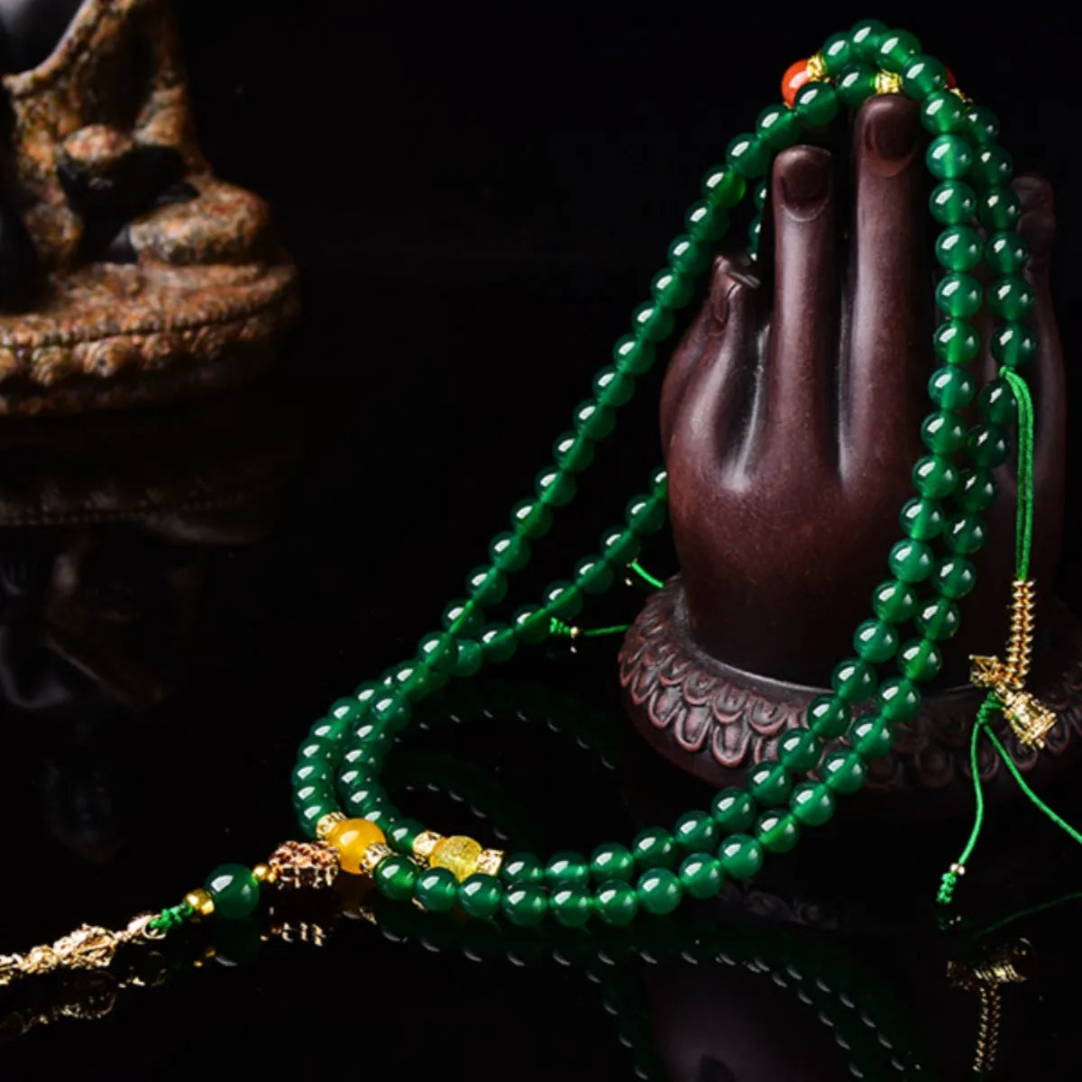 Natural green agate multi-circle bracelet on wrist, showing 8mm bead size.