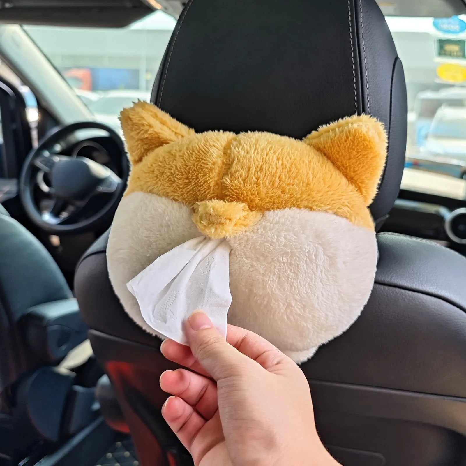 Yellow corgi butt-shaped tissue box cover with elastic back for car sun visor mounting
