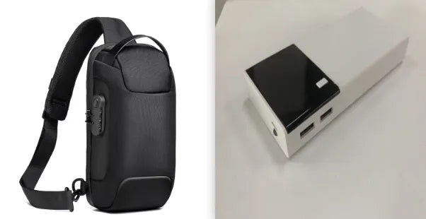 Black 20000mAh power bank with charging cable showing dimensions 135x60x20mm
