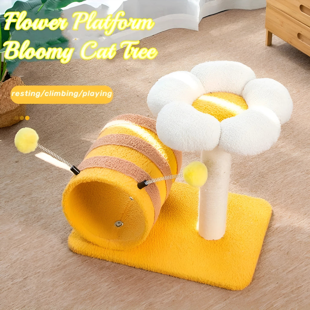 Yellow bee-themed cat climbing frame with sisal scratching board and tunnel measuring 46x36x25cm