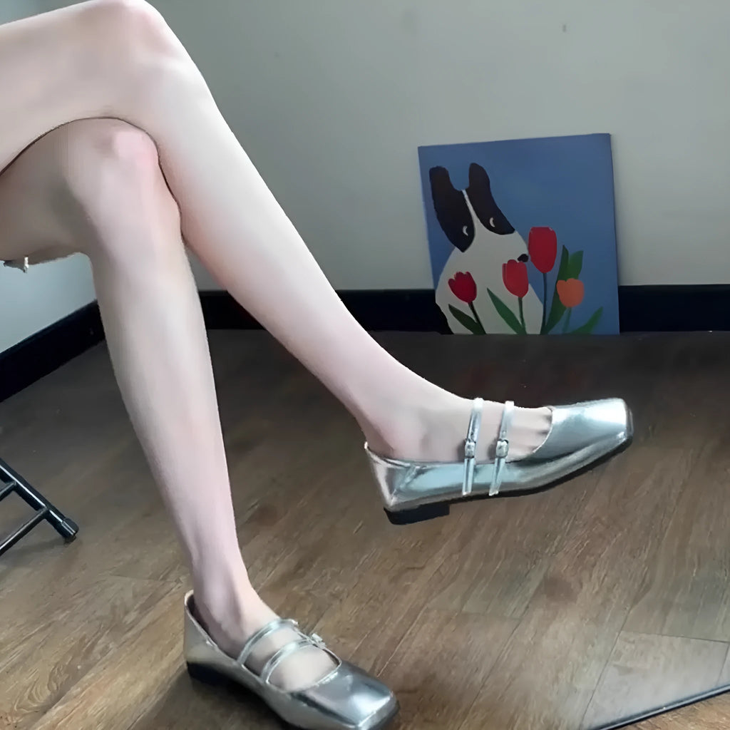 Women's silver genuine sheepskin leather Mary Jane pumps with cross buckle strap and low flat heel