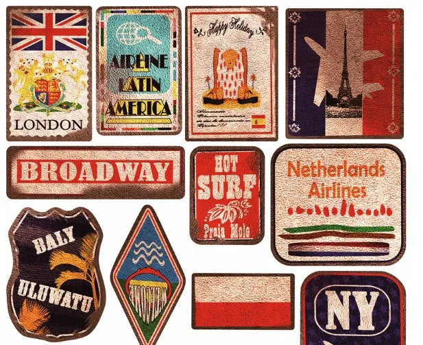 Set of 36 large retro-themed beach stickers featuring surfboards, seashells, and palm trees on a matte PVC sheet.