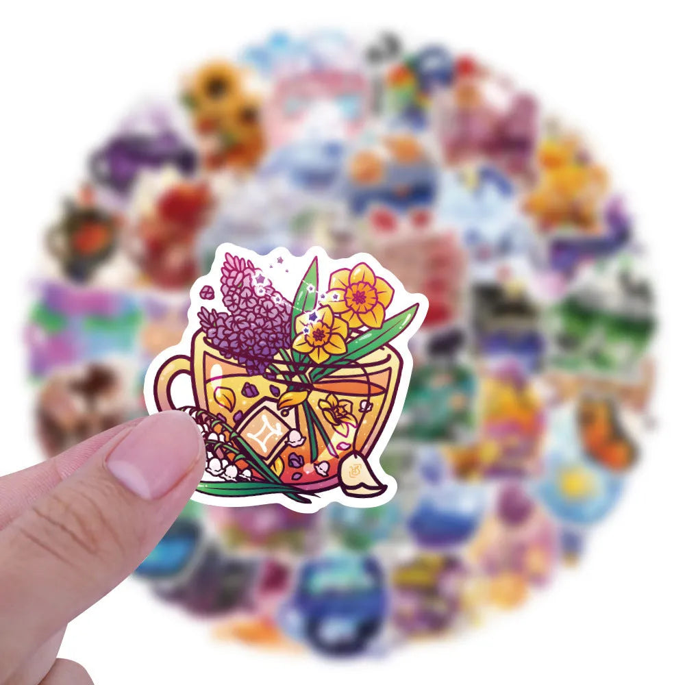 Pack of colourful tea cup graffiti design waterproof stickers for DIY projects on sports equipment.