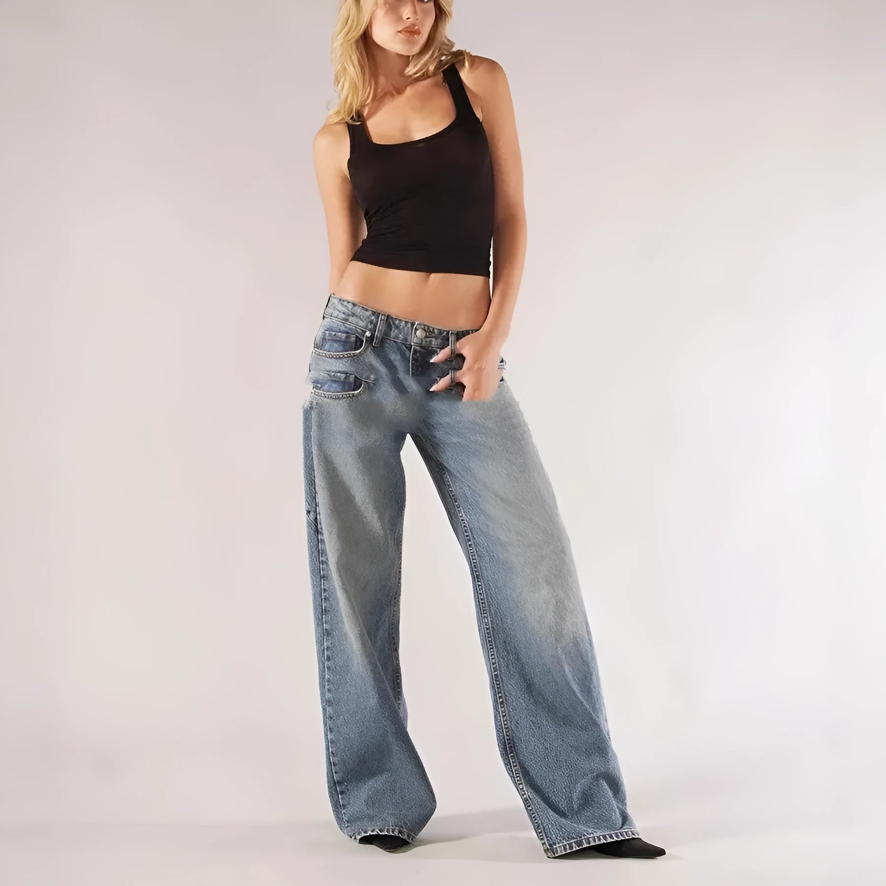 Women's blue loose straight wide-leg cotton mop trousers with low waist on a hanger