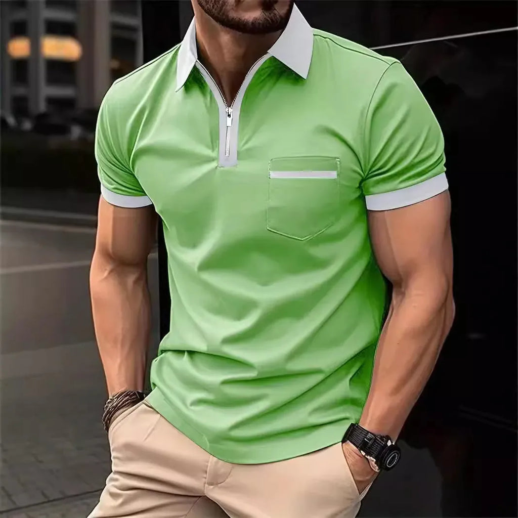 Men's loose fit casual short sleeve shirt with chest pocket and zipper decoration detail