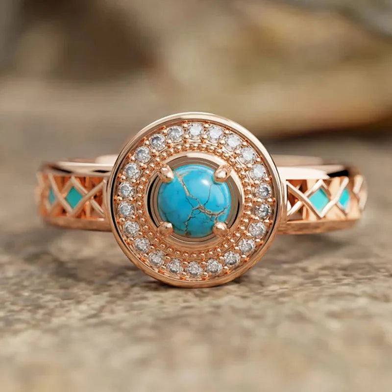 Women's turquoise ethnic geometric ring with rose gold finish and inlaid zircon details