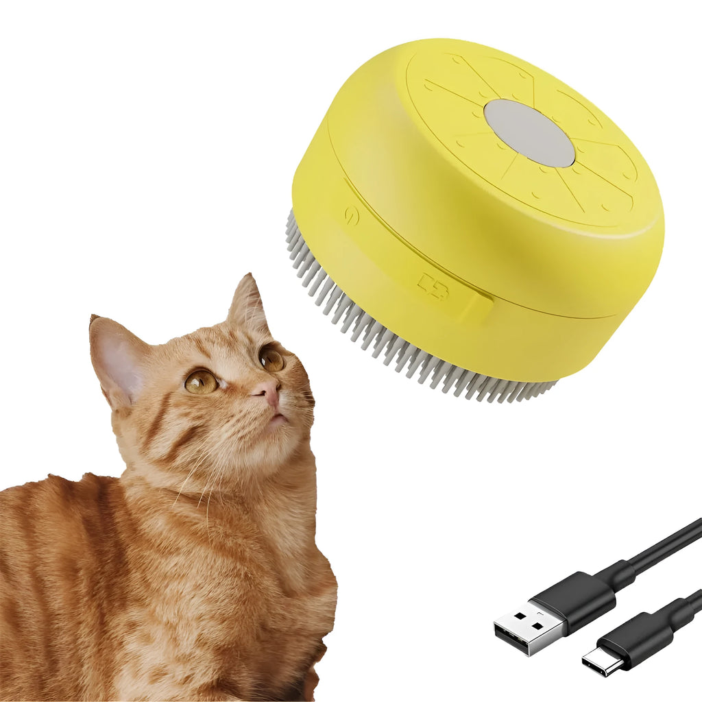 Green rechargeable cat steam brush with silicone bristles for grooming and massage next to a yellow version.