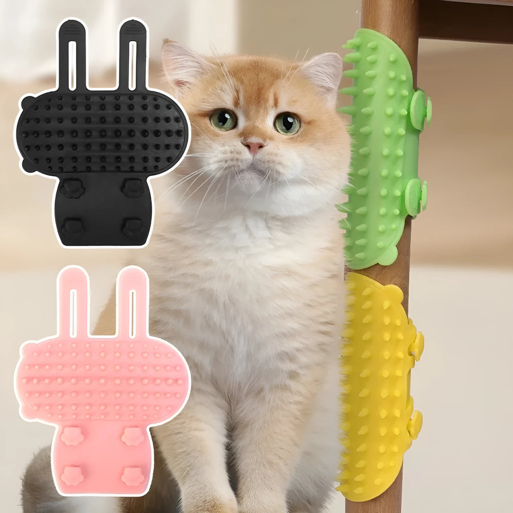 Silicone cat grooming massage comb with rounded teeth and adjustable mounting strap in assorted colours