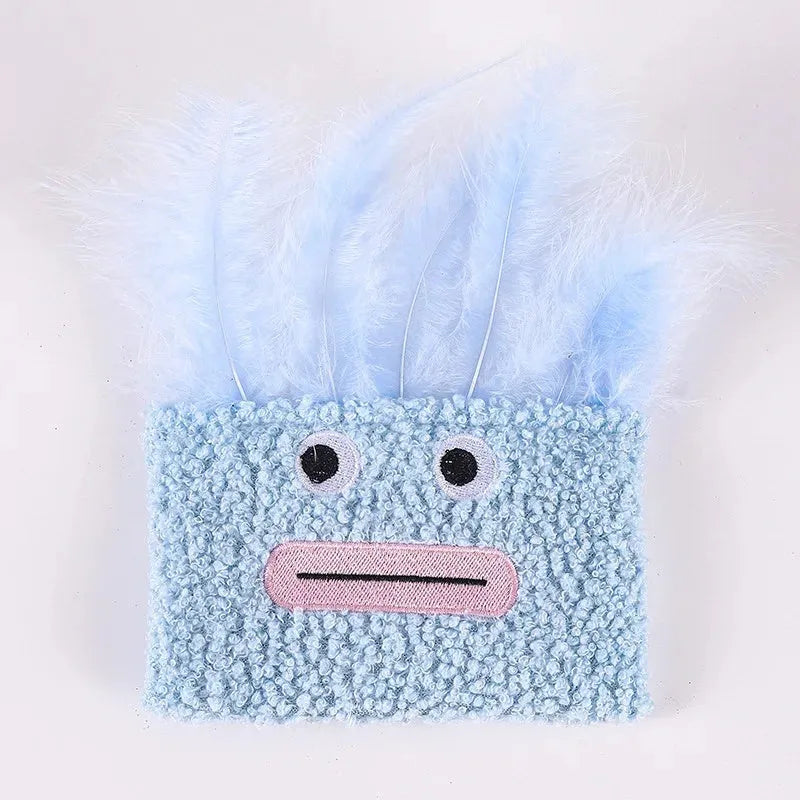 Catnip plush toy with big mouth explosion head shape in blue, green, orange, or purple colours