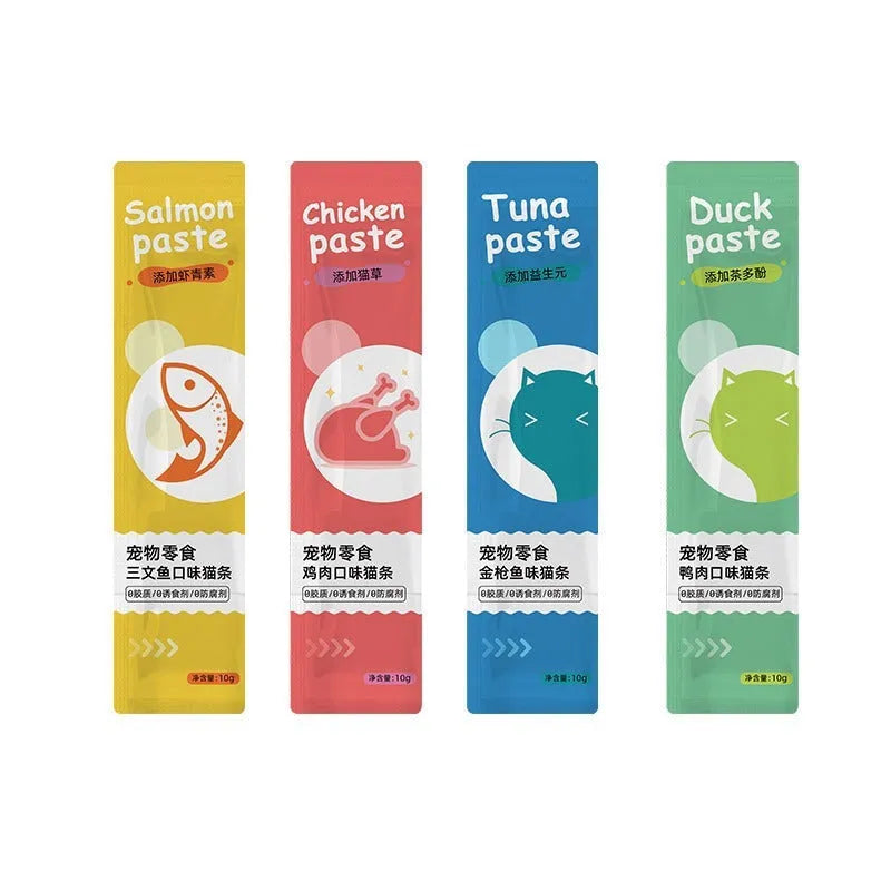 Pack of 10 cat snack strips in four flavour variants for kittens