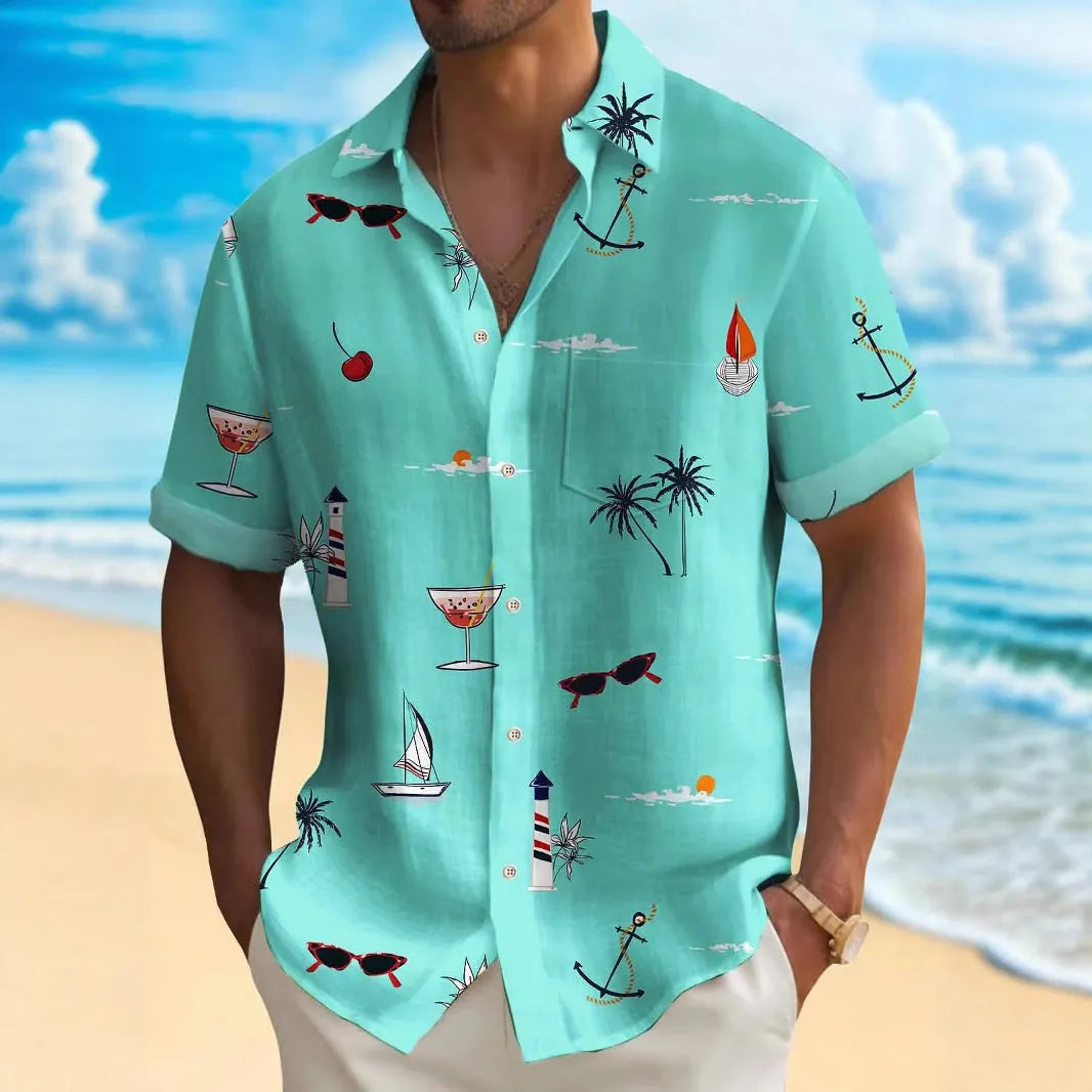 Men's loose fit Hawaiian shirt with digital printing pattern on polyester fabric