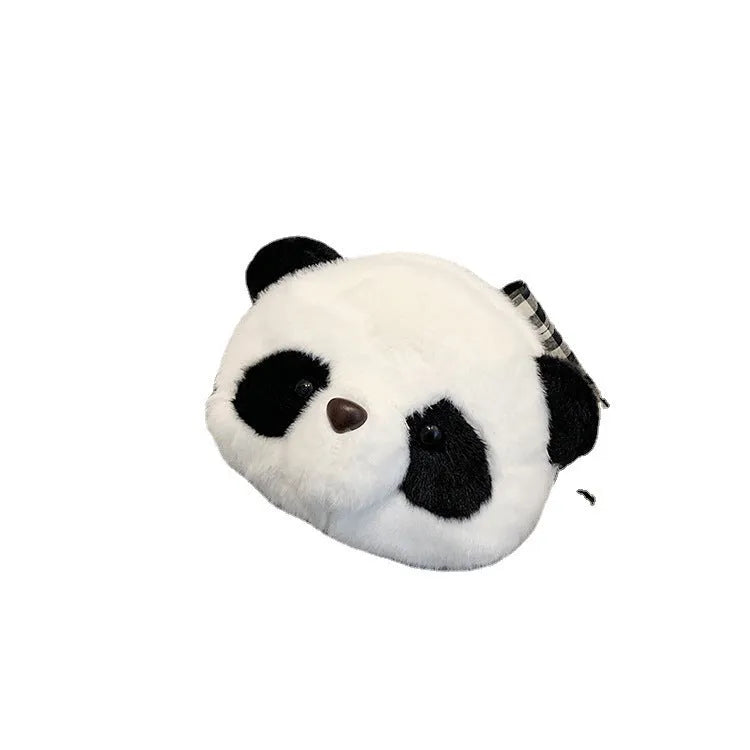Cylindrical panda head design plush crossbody bag with sandwich pocket compartment