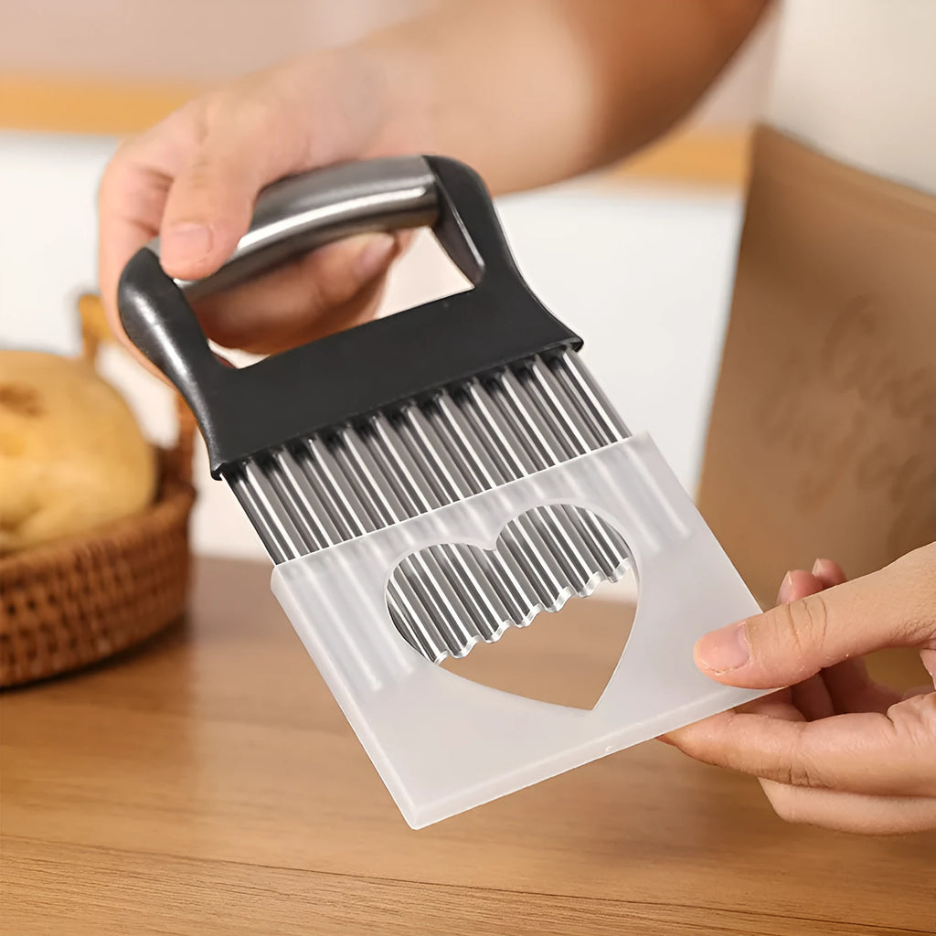 Stainless steel potato wave knife for cutting corrugated chips, shown in black and white colour options.