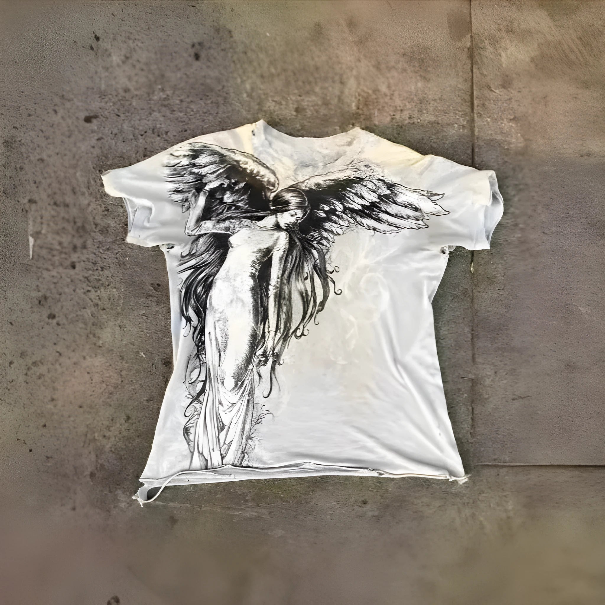 Men's grey Gothic cartoon print short sleeve t-shirt on a hanger.