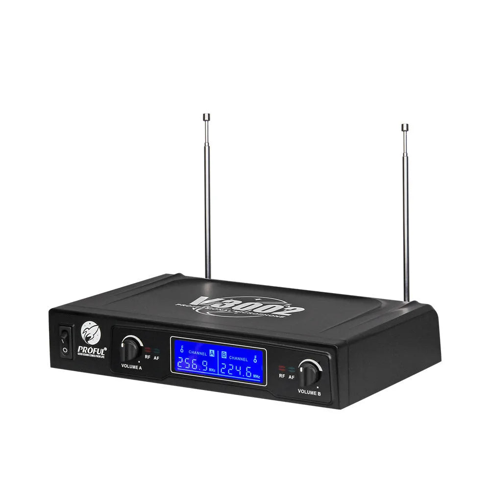 Black V-3002 wireless handheld microphone set with two mics and a transmitter on a dark surface.