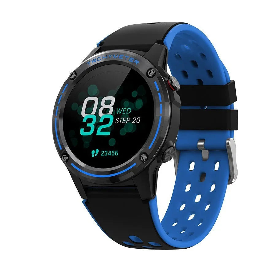 GPS smart watch with silicone strap on wrist, showing glass face and available colour options.