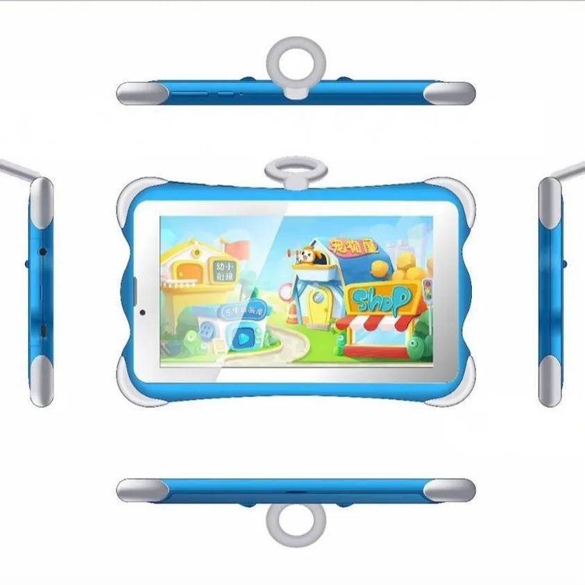 7-inch children's learning tablet in cartoon colours with stand, showing 3G calling and Bluetooth features