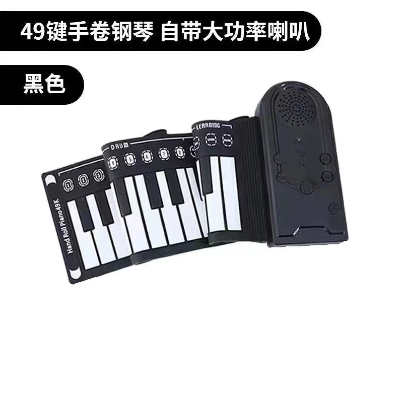 49 key portable folding electronic keyboard in pearl white, showing compact folded size next to unfolded playing position