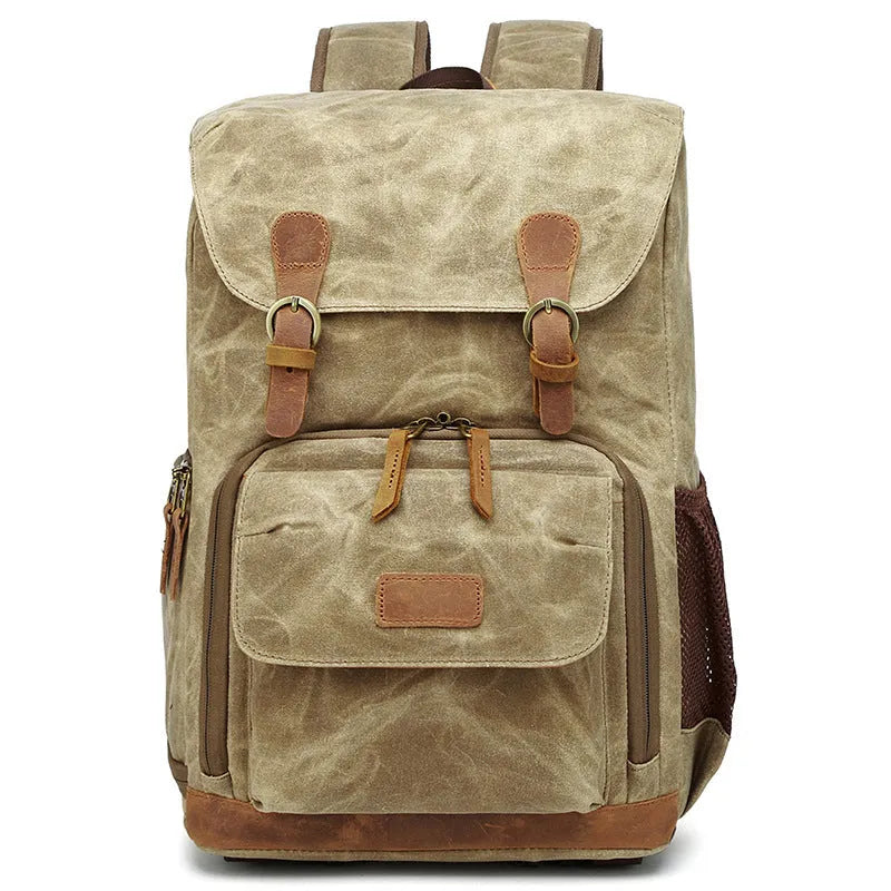 Canvas DSLR camera backpack in khaki colour showing multi-functional design for photography equipment