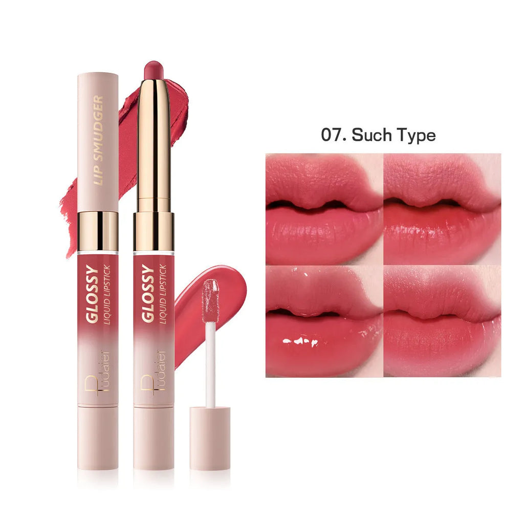 Double-headed lipstick lip gloss in matte finish showing ten colour options with moisturising formula