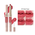 Double-headed lipstick lip gloss in matte finish showing ten colour options with moisturising formula
