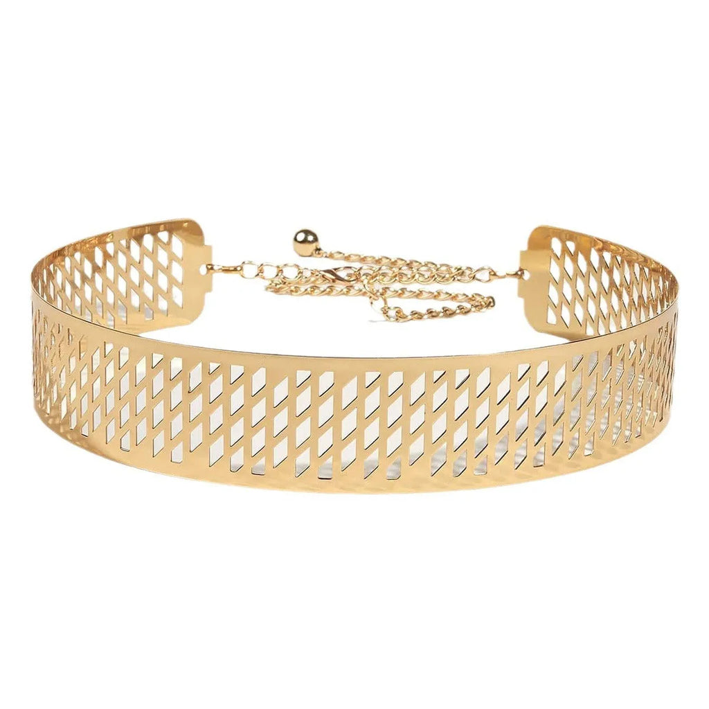 Gold thick leather look waist belt with alloy buckle, shown with hook fastening, length 105cm.