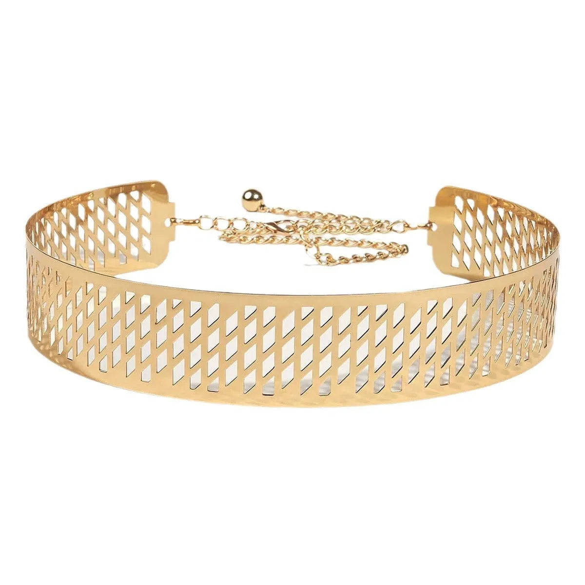 Gold thick leather look waist belt with alloy buckle, shown with hook fastening, length 105cm.